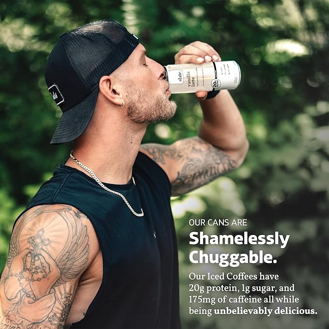Slate Milk - High Protein Iced Coffee - Vanilla Latte - 175mg Caffeine, Lactose Free Energy - 20g Protein, 1g Sugar, 100 Calories, 1g Net Carbs, No Sugar Added - Protein Coffee - 11 fl oz, 12 Cans